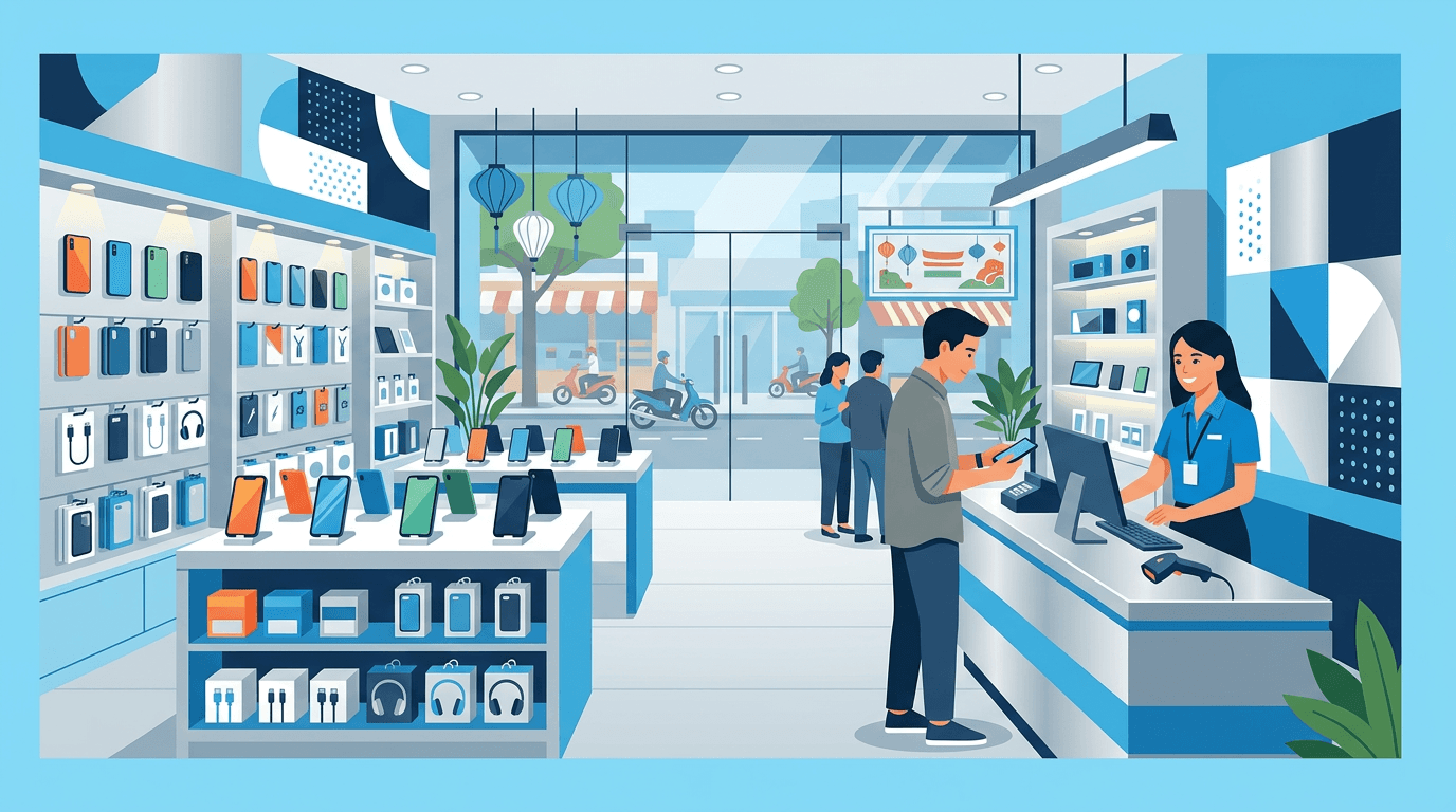 Ảnh bìa blog: cửa hàng điện tử, điện thoại và phụ kiện — minh họa IMEI và SKU