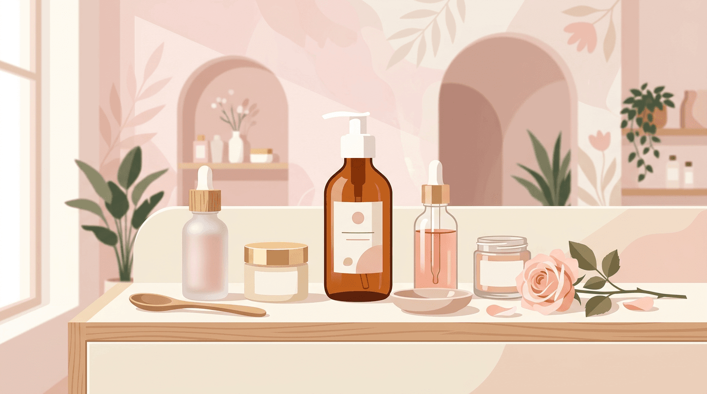 Ảnh bìa blog: mỹ phẩm, serum và kệ hàng salon — FIFO và hạn dùng
