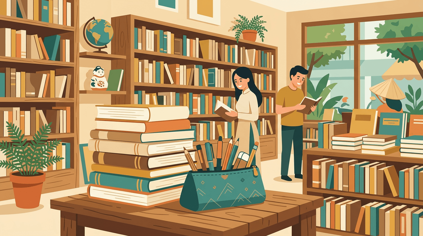 Ảnh bìa blog: nhà sách, sách và vở — ISBN và học cụ