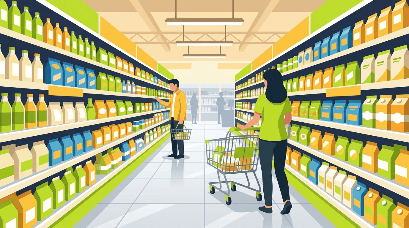 Ảnh bìa blog: siêu thị mini, kệ hàng và giỏ mua — tạp hóa bán lẻ
