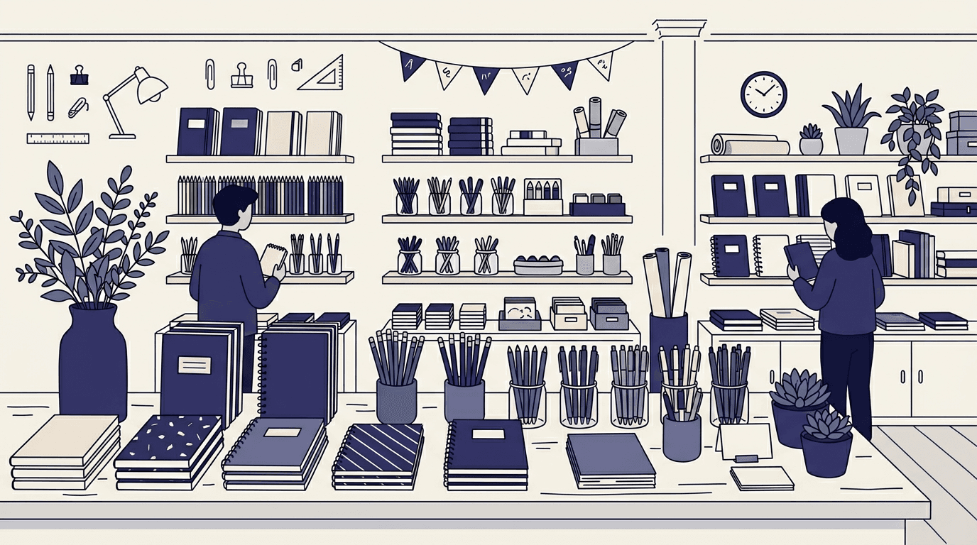 Ảnh bìa blog: văn phòng phẩm, bút và sổ — nhiều SKU nhỏ