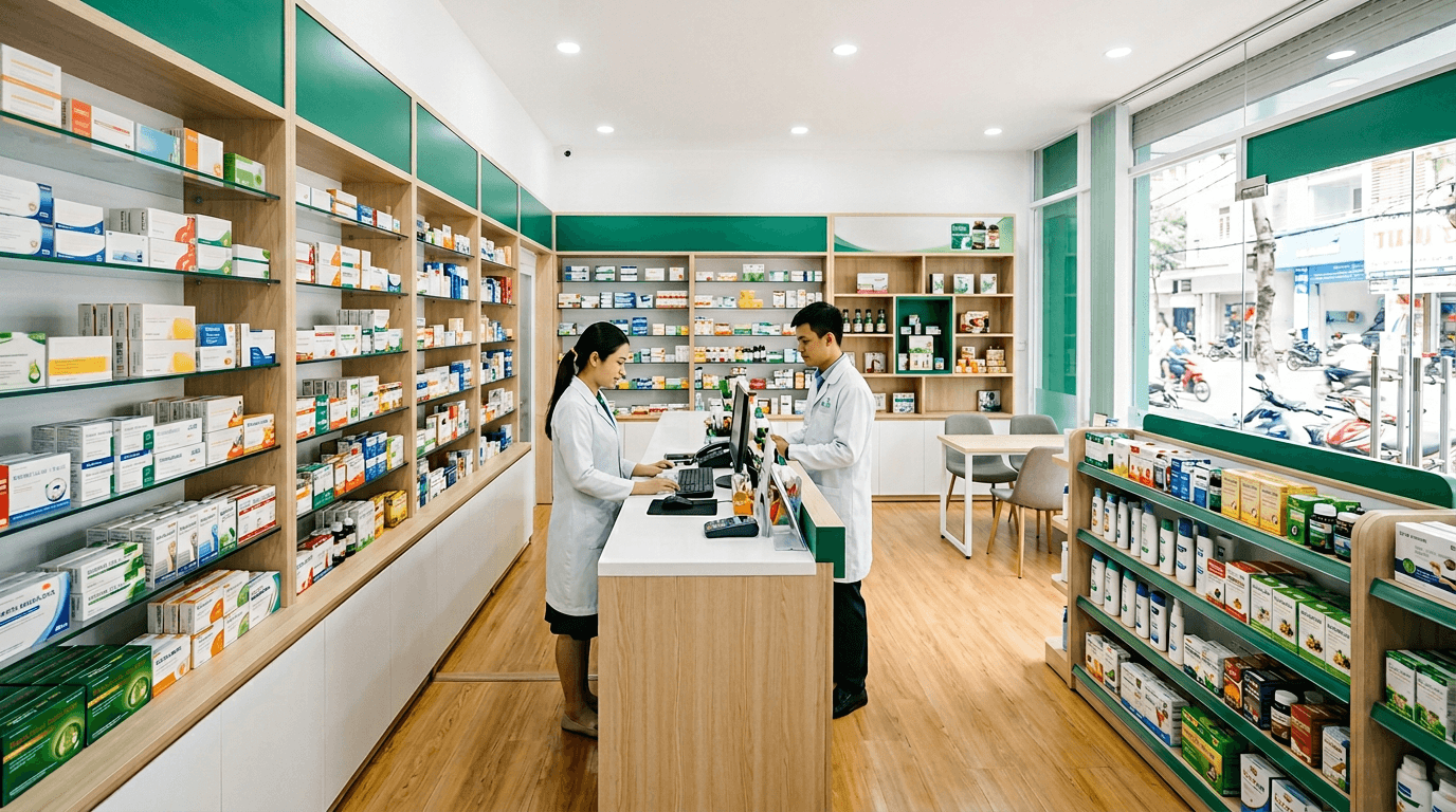 Nhà thuốc — minh họa quản lý kho thuốc, POS bán lẻ và quy đổi đơn vị với SoCoKeHa