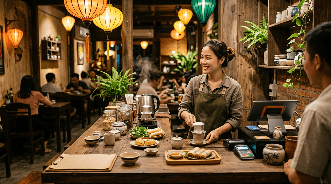 Quán ăn — minh họa POS quầy thu ngân, bán hàng F&B và quản lý nguyên liệu với SoCoKeHa
